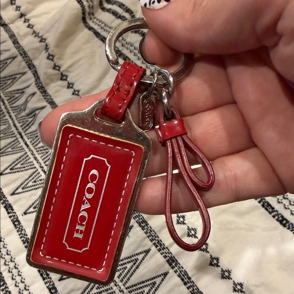 Coach Red Leather Key Fob hangtag designer silver keychain women’s ribbon - Picture 5 of 5